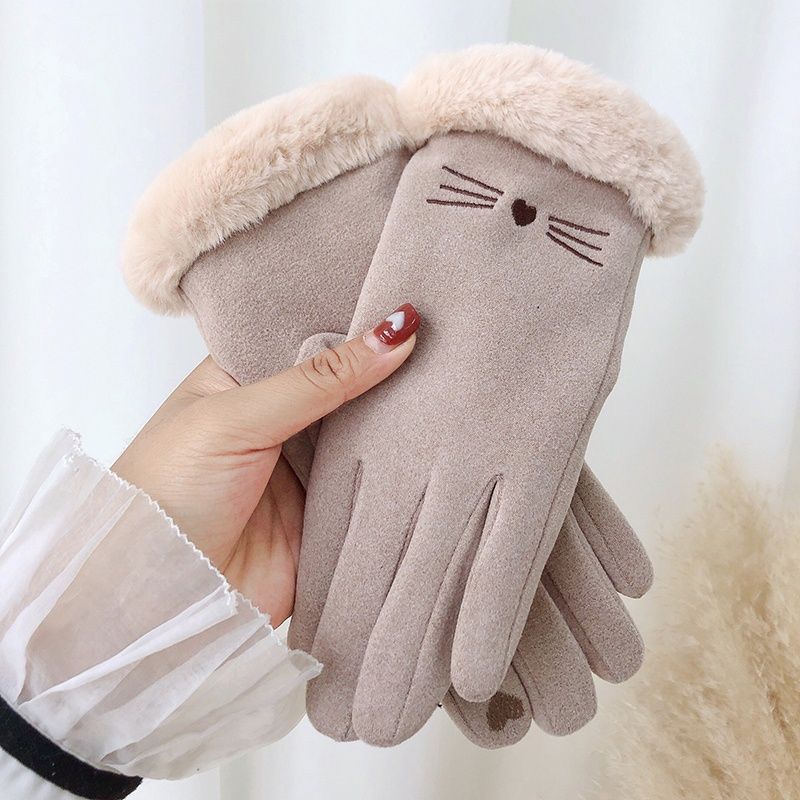 Women's Winter Fleece Lined Padded Warm Keeping Ins Cute Touch Screen Dralon Autumn and Winter Electric Car Cold-Proof Riding Gloves