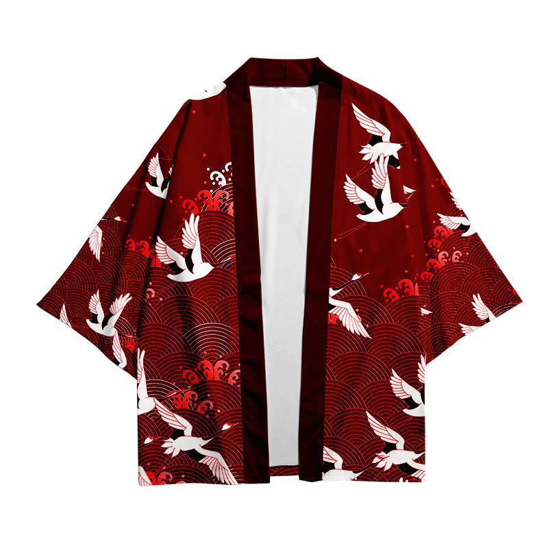 跨境创意动物鹤元素衬衫七分袖 和服开衫宽松大码潮流款男装外套