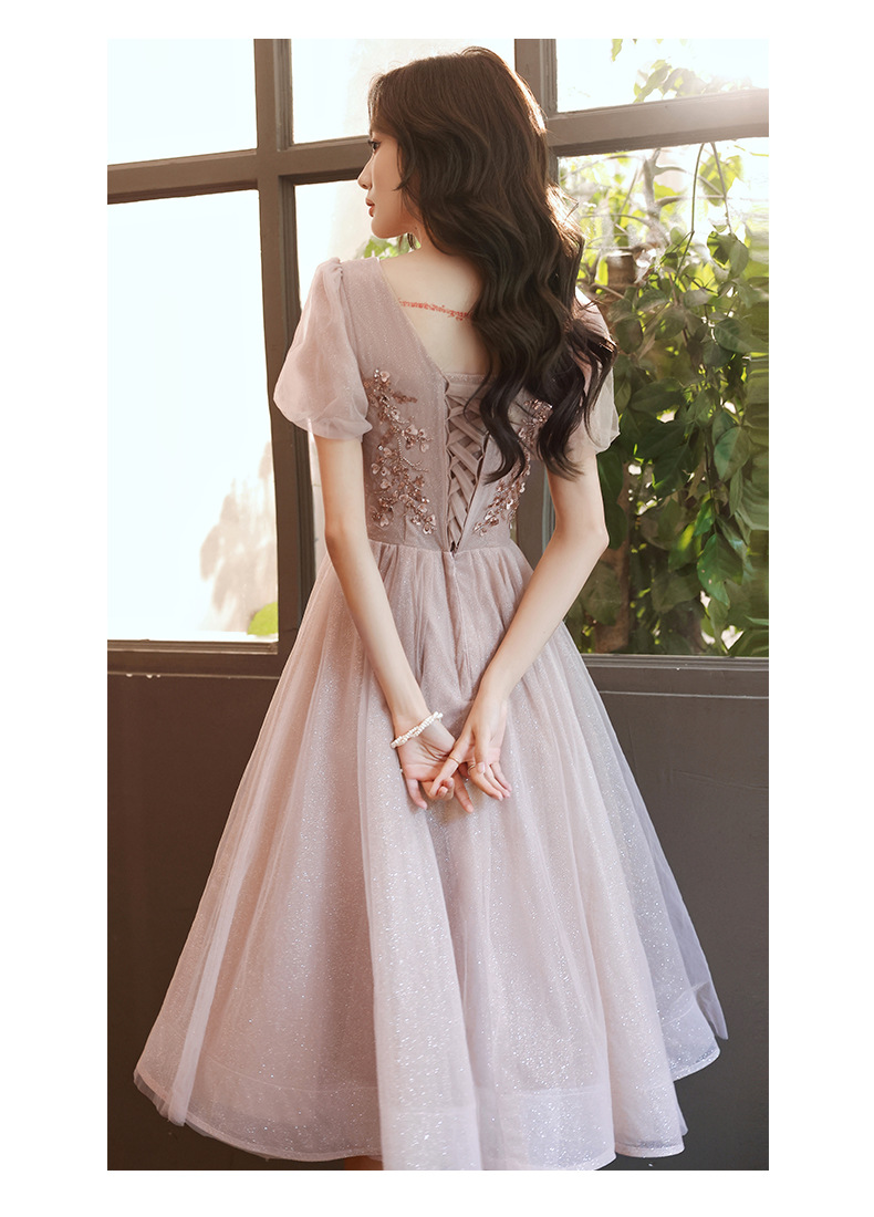 小个子晚礼服裙女宴会气质夏季粉色伴娘名媛生日主持礼服平时可穿