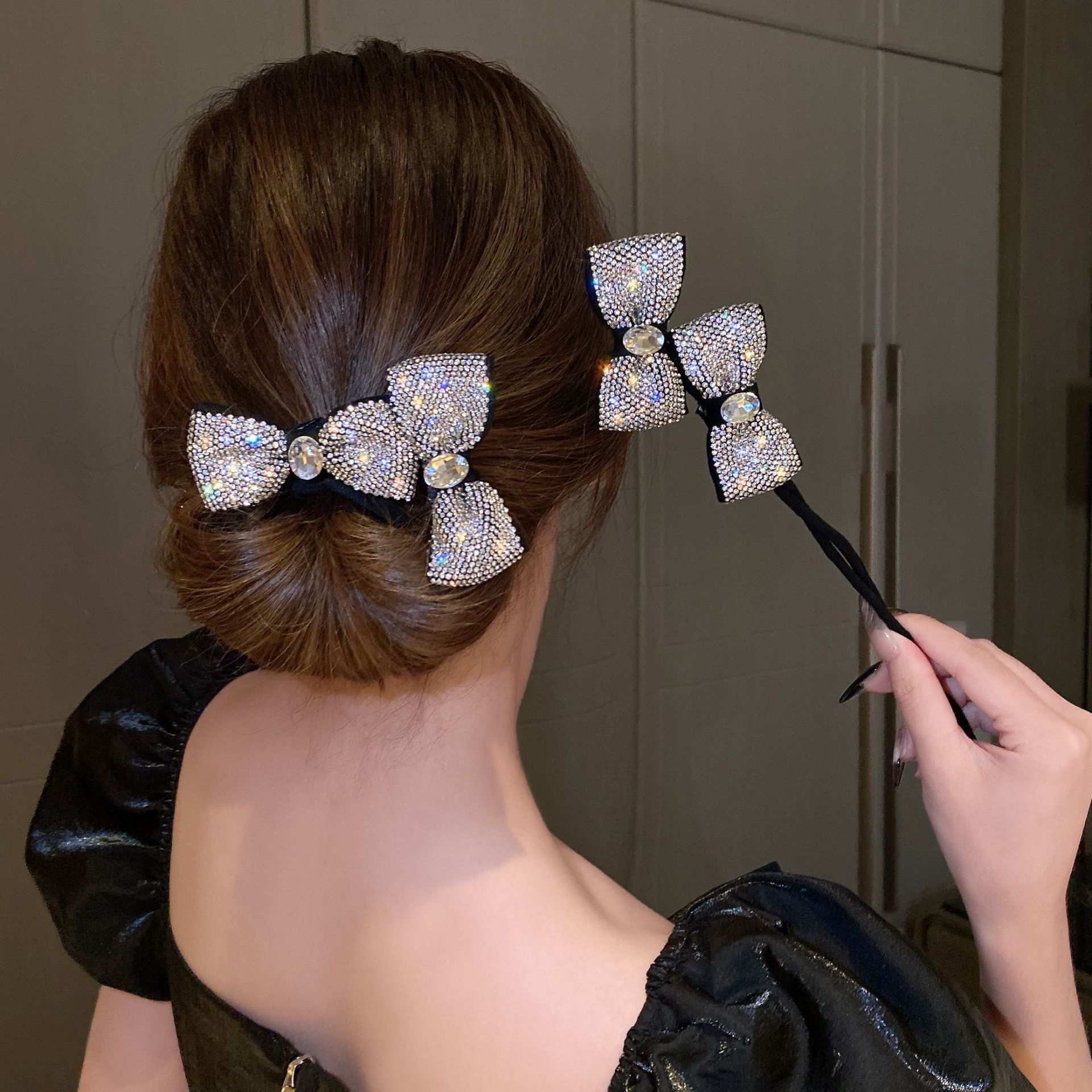 新款水钻蝴蝶结盘发器懒人丸子头盘发器卷发棒夏季网红发卡后脑勺