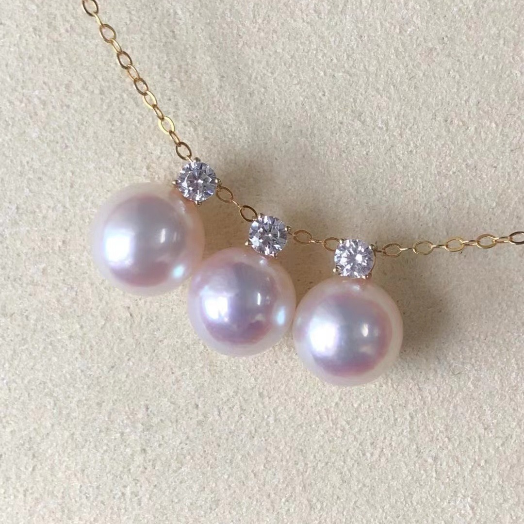 经典百搭18k金王妃吊坠8-9mm极光樱花粉天然akoya海水珍珠送银链