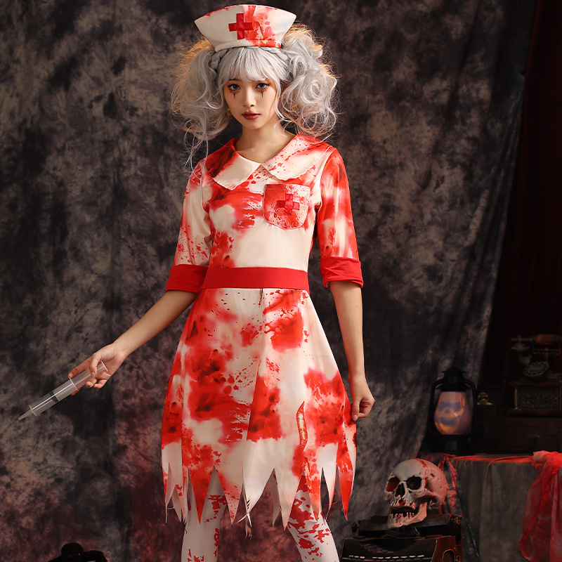 万圣节服装 外贸款式僵尸护士服 鬼屋派对血迹破损白短裙 红白色