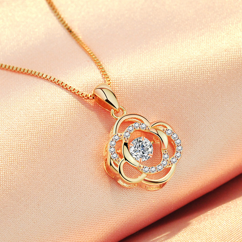 项链女925纯银镀18k玫瑰金灵动项链女款气质时尚彩银玫瑰花锁骨链