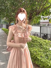 法式荷叶边小飞袖雪纺连衣裙女春夏季新款韩系方领气质粉色长裙子