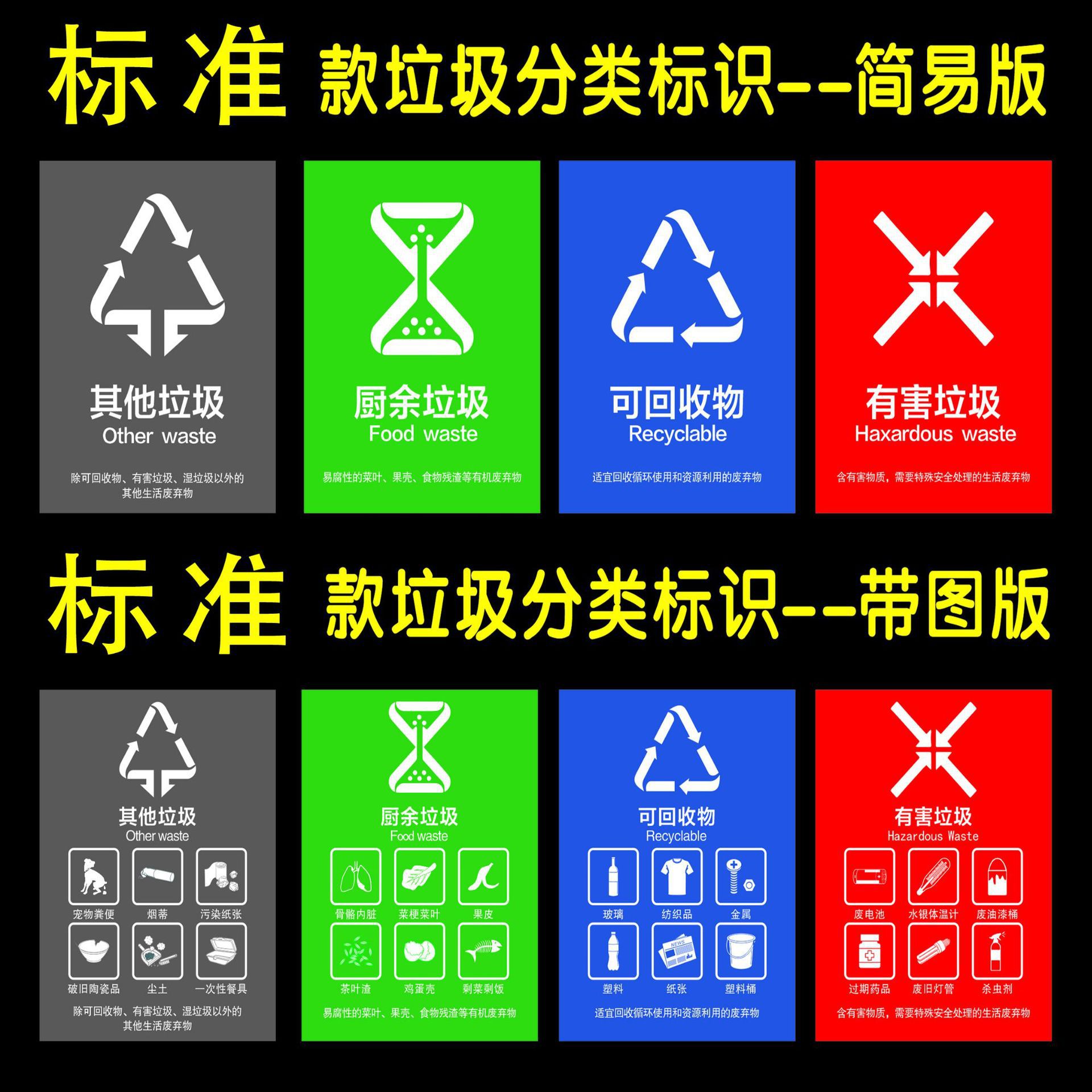 垃圾桶分类标识贴纸不可回收厨余干湿有害其他垃圾标志标签广州上