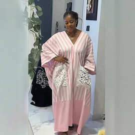 2025秋季欧美跨境女装新款V领条纹拼接蕾丝口袋长裙大码连衣裙