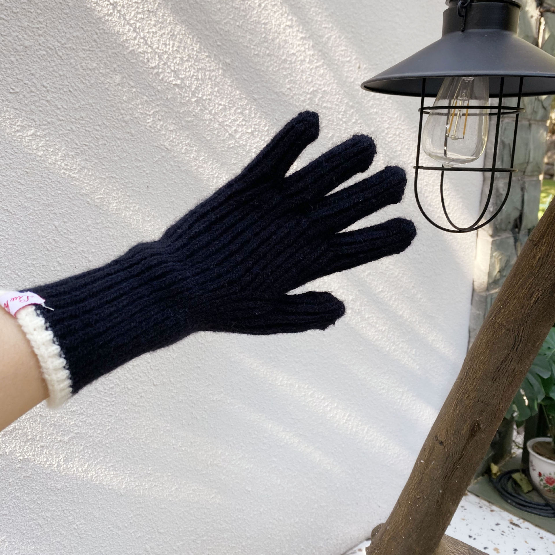 韩国东大门网红针织撞色分指手套破洞可触屏纯色毛线五指手套男女