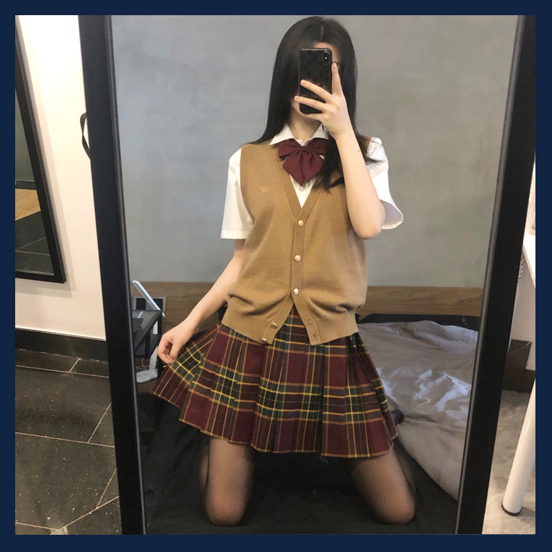 成品布深夜幻境山楂树jk制服裙正版套装黑丝红色格裙夏