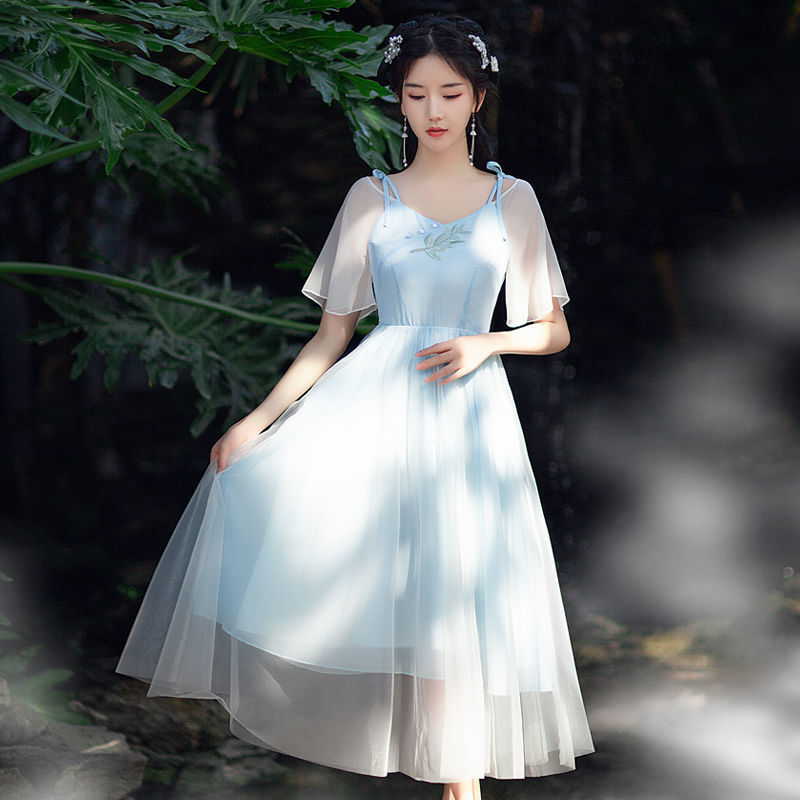 2022年夏季国风淑女唯美一字肩高腰显腿长汉服改良仙女连衣裙长裙