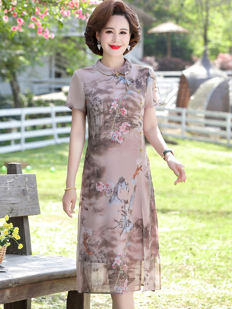 妈妈夏装短袖旗袍连衣裙中年女装气质雪纺长裙中老年女装夏季裙子