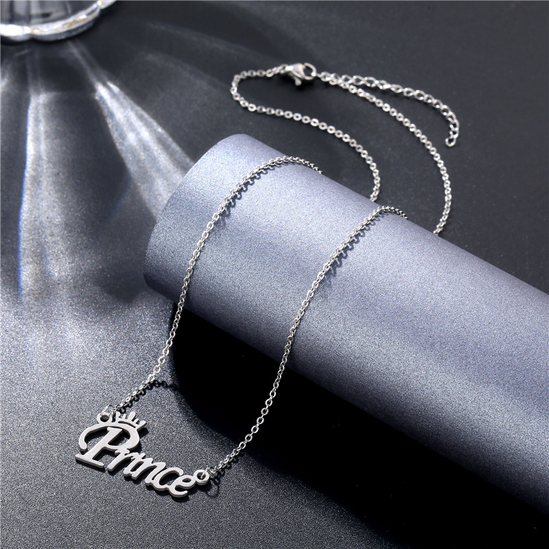 New Stainless Steel Couple's Simple Letter Princess Prince Necklace Amazon Popular Pendant Clavicle Chain