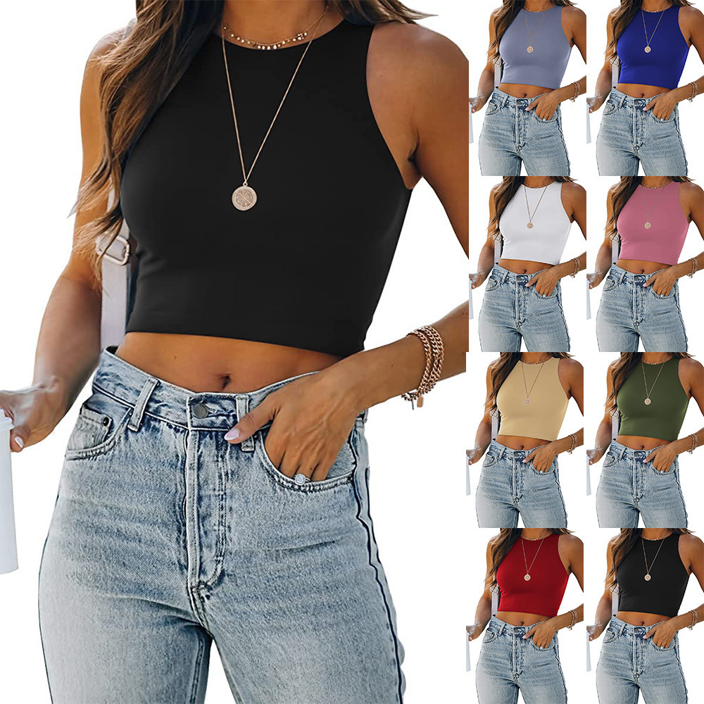 2022 summer cross-border amazon new wish european and american sleeveless round neck i-shaped short solid color vest t-shirt for women