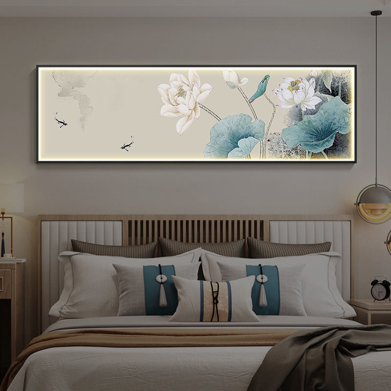 新中式卧室床头装饰画荷花主卧房间书房挂画led灯画壁画手绘油画