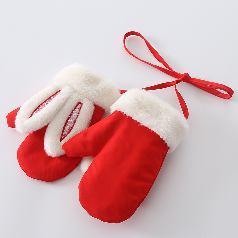 儿童手套冬季保暖女童可爱加绒加厚挂脖小兔子手指套宝宝卡通新年