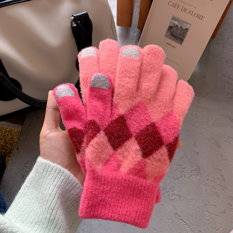 Wool Keep Warm Gloves Women's Autumn and Winter Touch Screen Riding Cute Winter Cycling Student Five Finger Velvet Ins Knitted