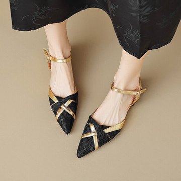 舒适低跟鞋夏季新款鞋子尖头粗跟女鞋包头后空拼色搭扣时尚凉鞋女