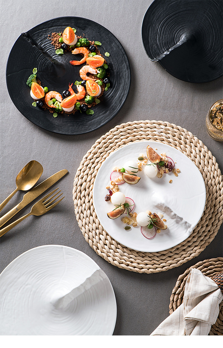 大号意境餐盘创意日式色酒店西餐厅意境盘子不规则圆形黑色陶瓷盘