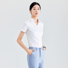 女士白色短袖衬衫2024夏季竹纤维职业正装V领工作服免烫蓝色衬衣