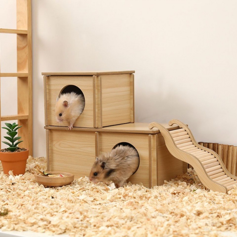 仓鼠躲避屋造景用品金丝熊木制木屋房子二层平台家具迷宫玩具代发
