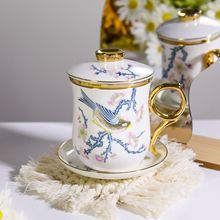 中式古风会议杯带盖泡茶杯办公室茶水分离陶瓷杯金柄骨瓷茶漏杯