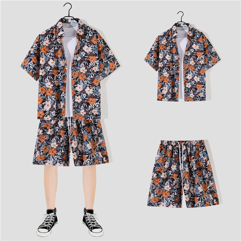 new printed shirt suit hawaiian style trendy handsome hip hop western style internet celebrity spring and summer short sleeve shorts set