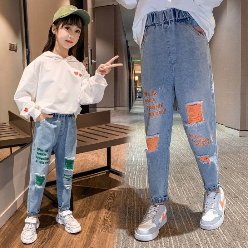 童装春秋新款女童百搭宽松牛仔裤女孩长裤小学生时尚破洞牛仔裤潮
