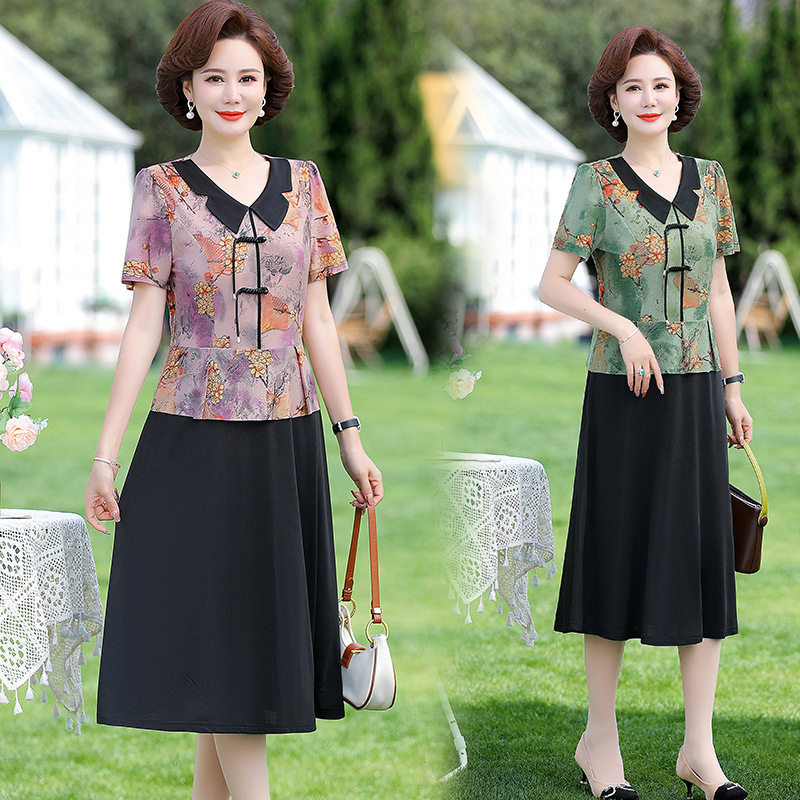 中老年人夏季洋气裙装蝴蝶领盘扣短袖印花连衣裙优雅假两件妈妈装