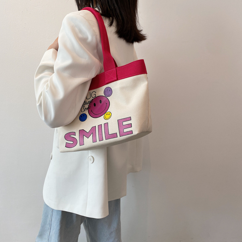Cute Smiley Printed Simple Small Bag Women's 2023 New One-Shoulder Canvas Artistic Style Large Capacity Portable Women's Bag