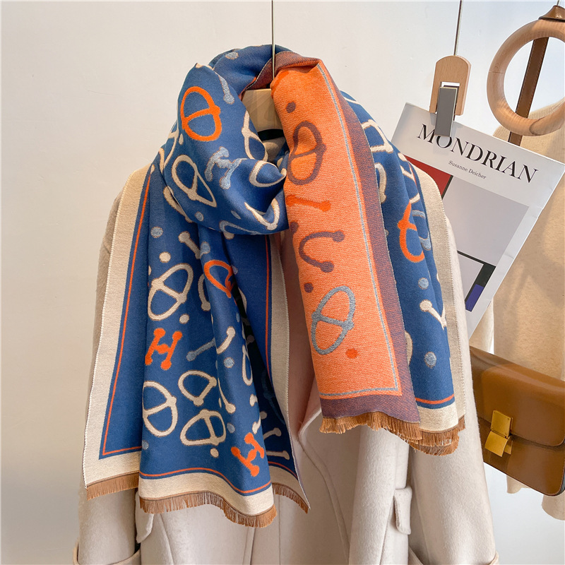 New Women's Scarf Autumn and Winter Letter Jacquard Scarf Thickened Double-Sided Cashmere-like Warm Shawl All-Match Scarf