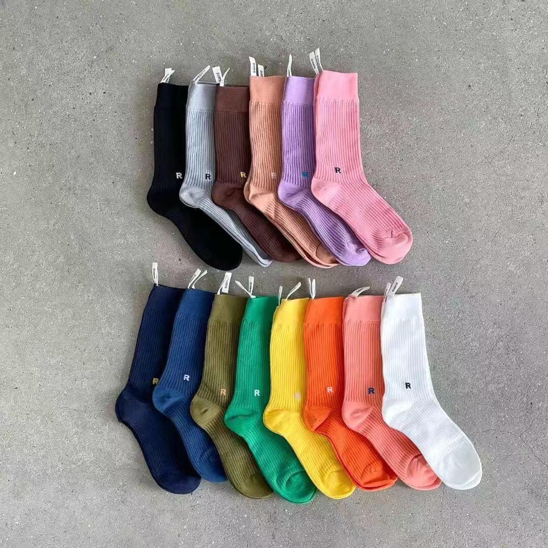 Korean-Made Socks Dongdaemun Fluorescent Candy Color Vertical Fine Lines R Lettered Casual Cotton Socks Marian Bunching Socks Women