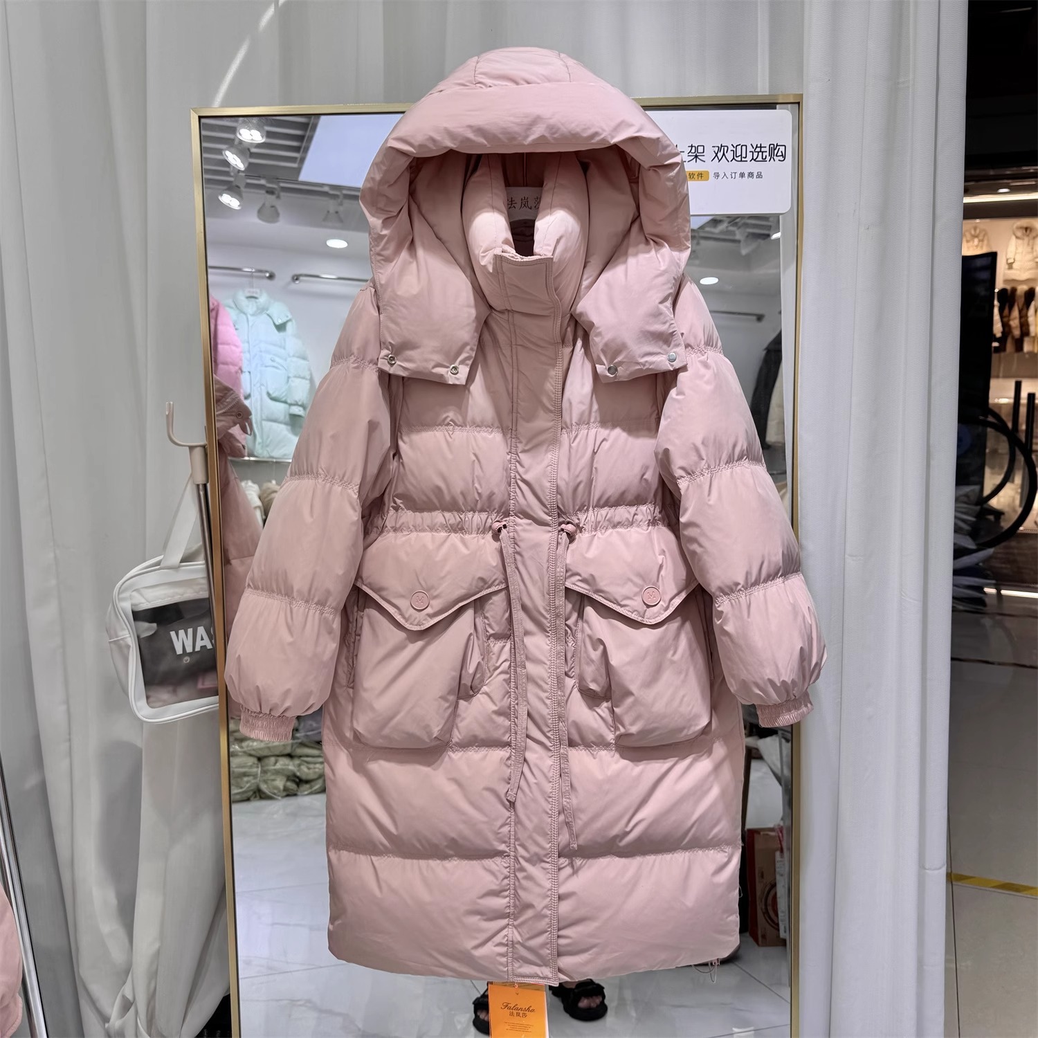 2024冬新款羽绒服女中长款韩版过膝连帽加厚收腰大口袋白鸭绒外套