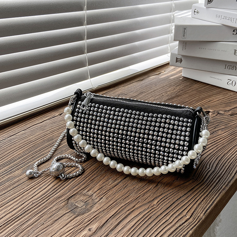 2022 Spring and Summer New Fashionable Stylish Shiny Rhinestone Underarm Women's Bag Pearl Chain Boston Portable Shoulder Bag