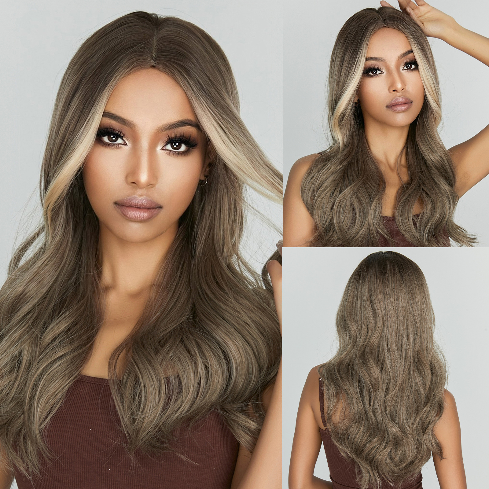 欧美风新款全头套假发浅棕色挑染中分大波浪长卷发跨境批发wigs