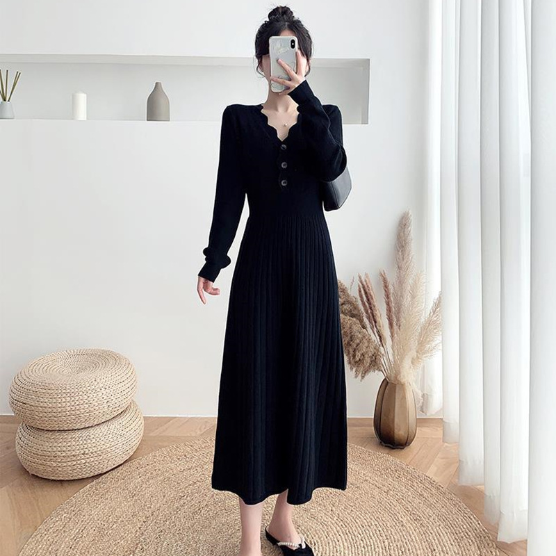 French Style below the Knee Slimming Knitted Dress Autumn Elegant Winter Tight Waist Gentle Fairy Lady Bottoming Skirt Woolen Skirt