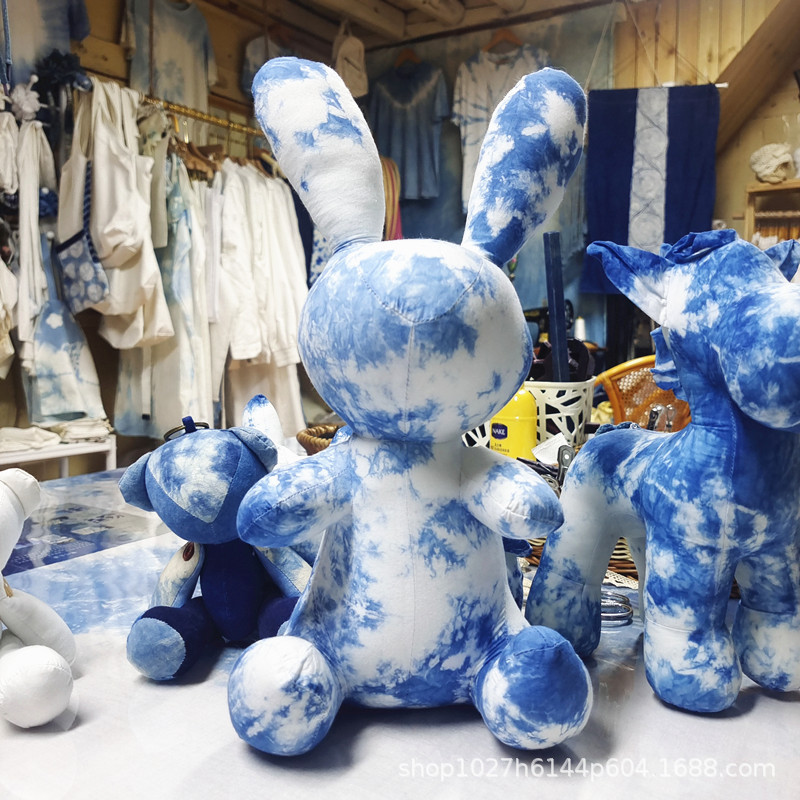 云兮蓝染 板蓝根植物染兔子摆件 云南白族扎染布艺玩具兔 玩偶兔