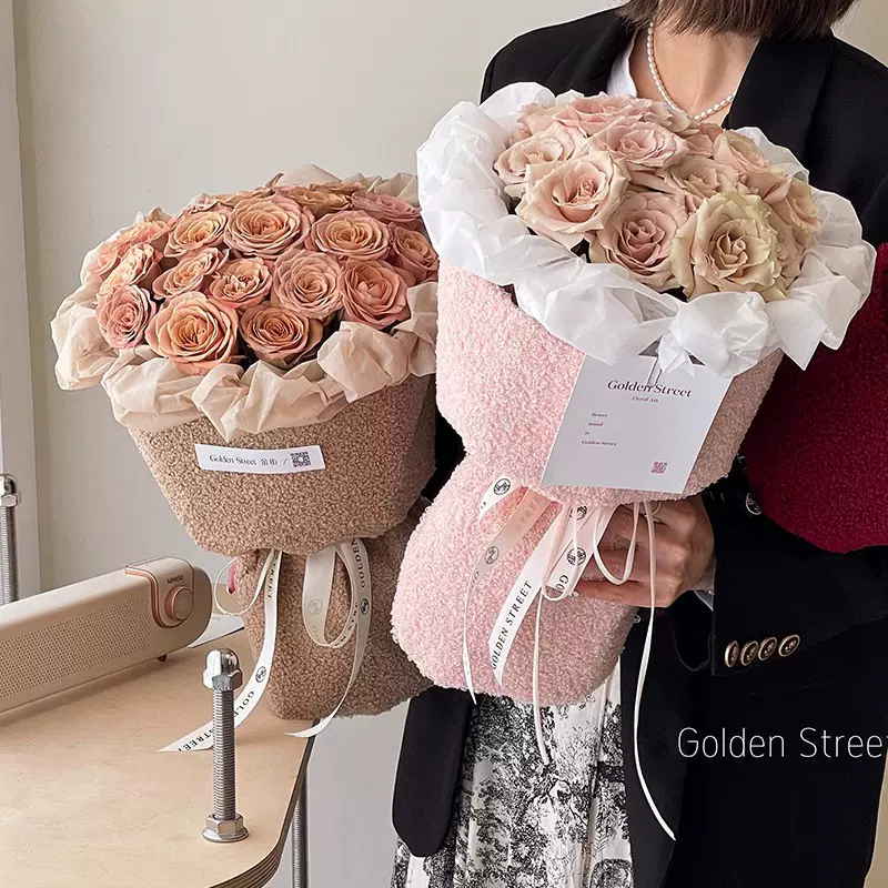 小香风羊羔毛绒布艺圆形花束面料花束材料花艺包花纸鲜花包装纸