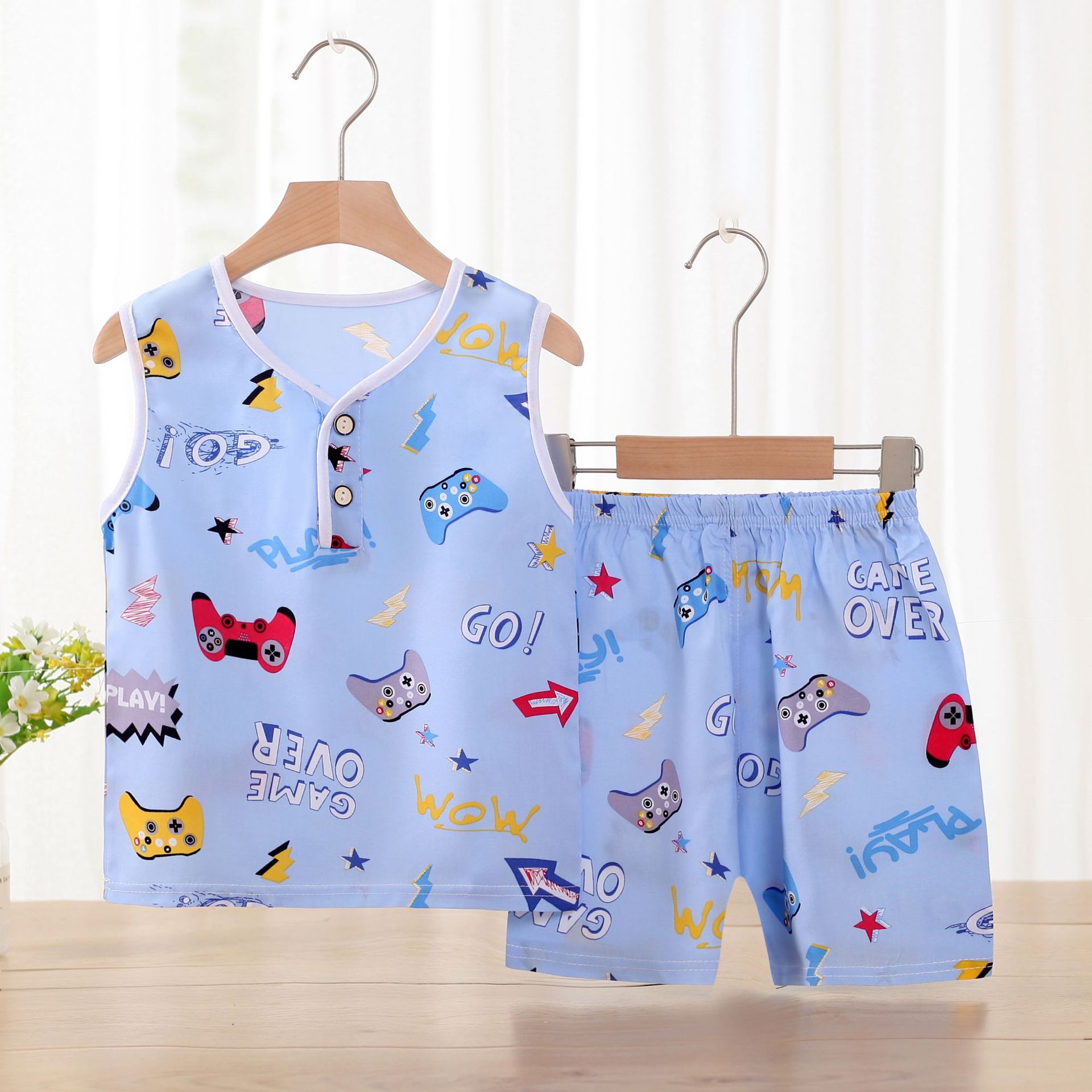 Children's Summer Cotton Silk Vest Suit Boys and Girls Cartoon Sleeveless Base Shorts Homewear Summer Baby Suit