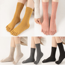 五指袜中长筒纯色吸汗有后跟棉质袜子女小腿袜运动秋冬透气分趾袜