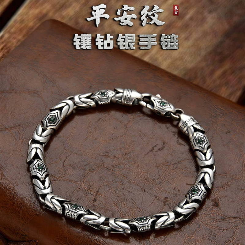 s925平安纹纯银手链男女潮时尚复古镶钻手工手环链子简约银手链
