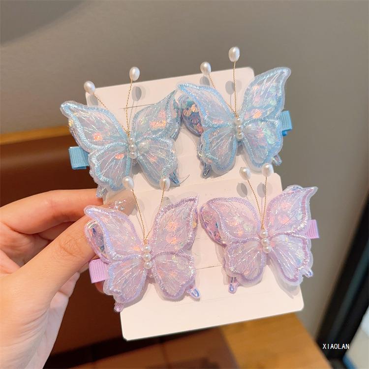 New Children's Fairy Ancient Style Mesh Butterfly Barrettes Double-Layer Sequined Side Hairpin Little Girl Bang Clip Headdress