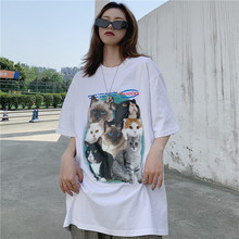 新款韩版中长款可爱猫咪印花短袖T恤女宽松圆领原宿港风情侣上衣