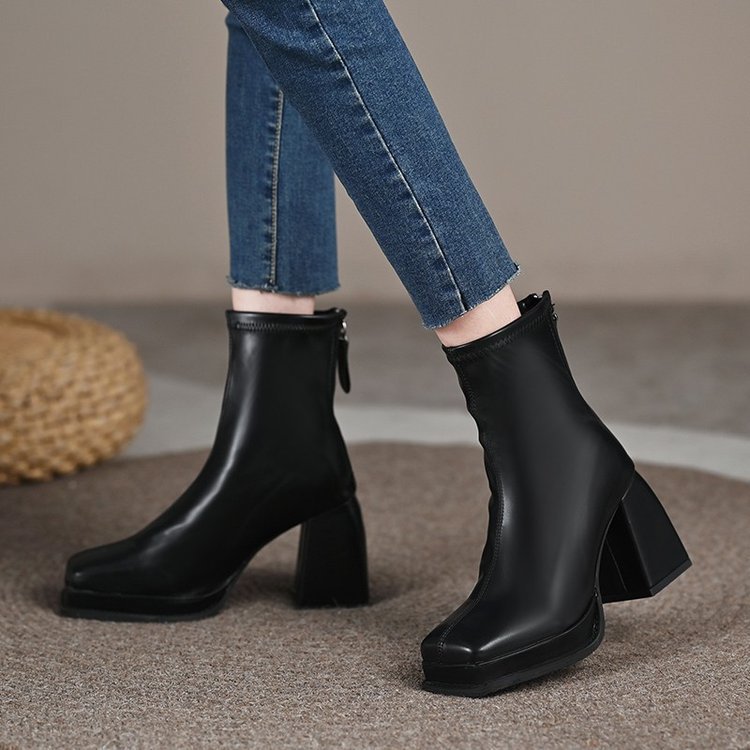 软皮瘦瘦靴女2022春秋新款中粗跟厚底单靴秋冬女鞋靴子高跟短靴