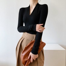 黑色领打底衫女春装新款高级感洋气长袖纯色内搭修身恤上衣