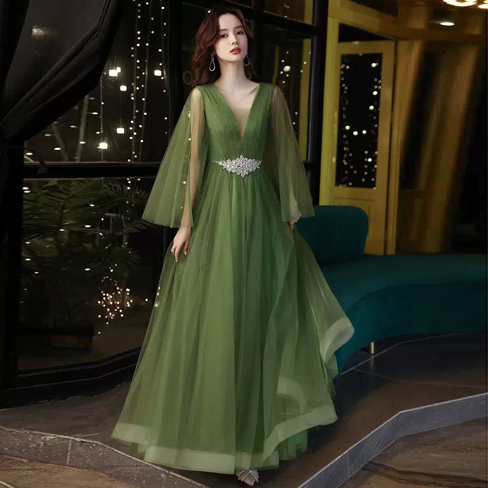 晚礼服女宴会气质轻奢小众高端高级绿色婚纱古筝艺考独唱演出服裙