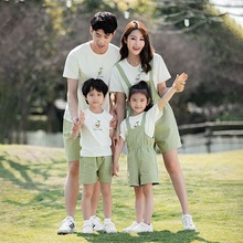 韩版亲子装夏季一家三四口短袖全家庭装母子二人母女背带裤套装潮
