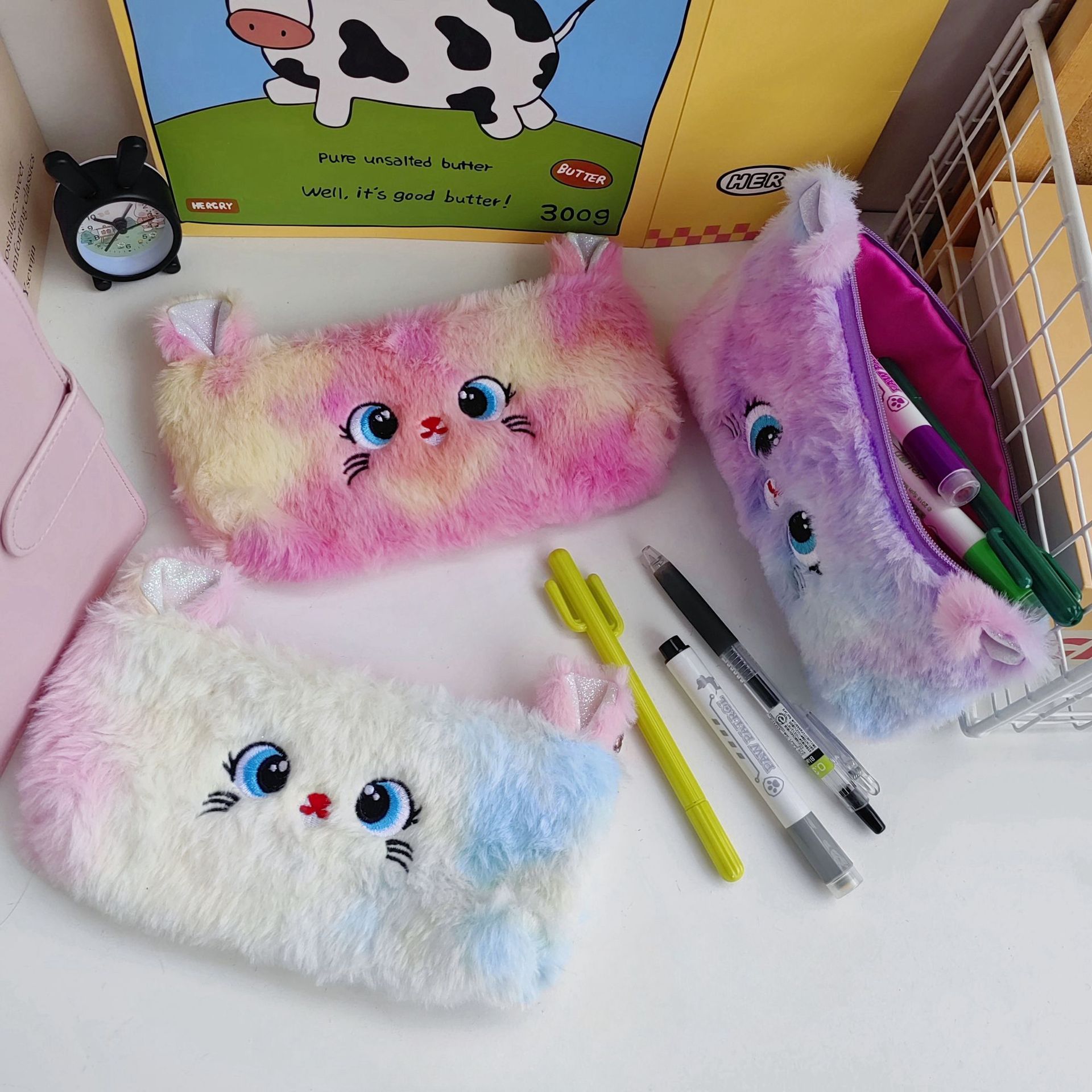 New Elementary School Student Large Capacity Pencil Case Cartoon Plush Girl Good-looking Gradient Kitten Pencil Case Cross-Border Supply