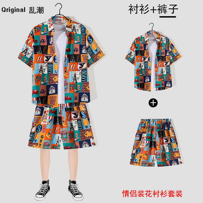 Couple Beach Suit 2022 Hawaii Quick-Drying Loose Casual Trend Thin Printed Pointed Collar Printed Shirt Men