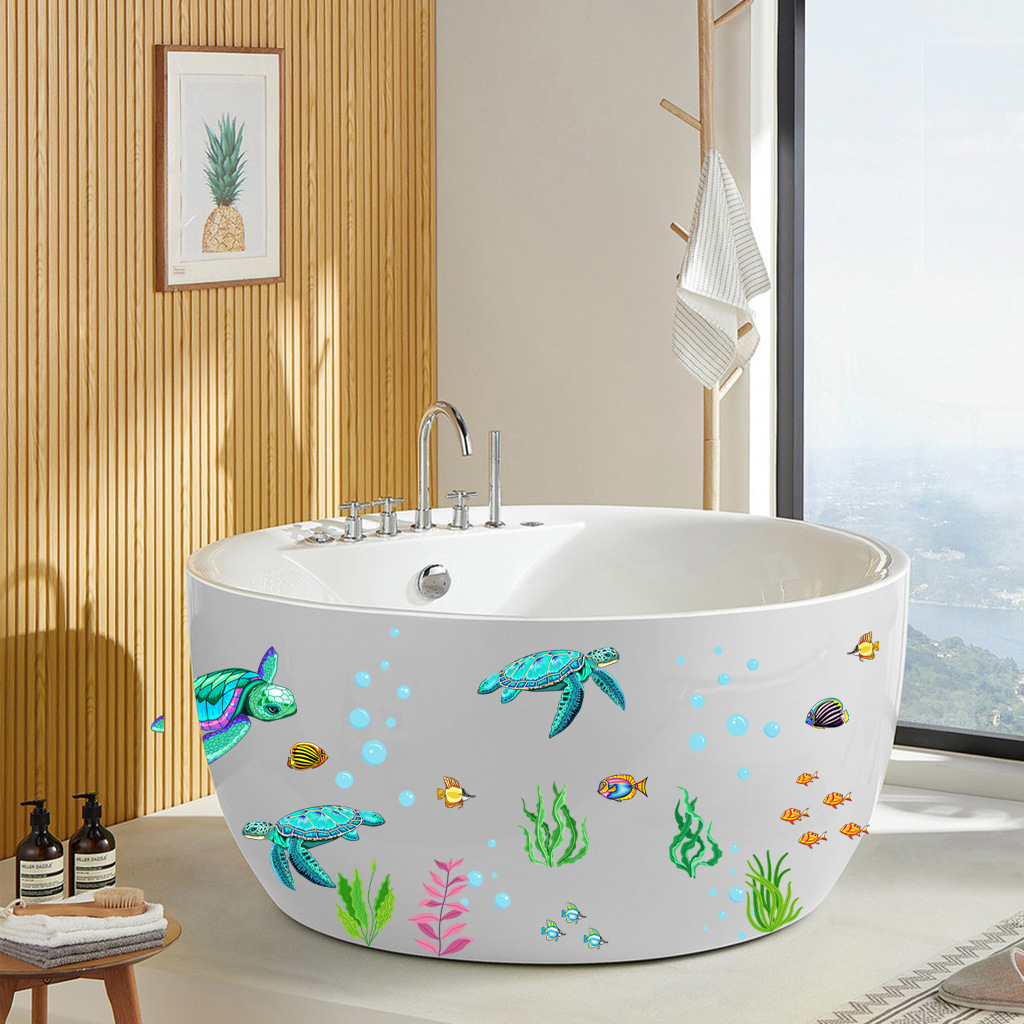 彩色乌龟浴缸贴纸批发 n1042跨境供应海底世界乌龟海藻浴室贴纸