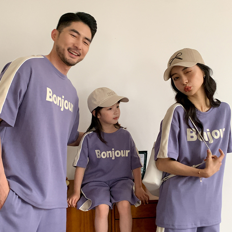 儿童夏款短袖短裤亲子装套装2024新款韩版一家三口母女字母两件套