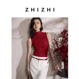 致知ZHIZHI 且谣 法式半高领羊毛针织无袖背心女25秋新款红色上衣